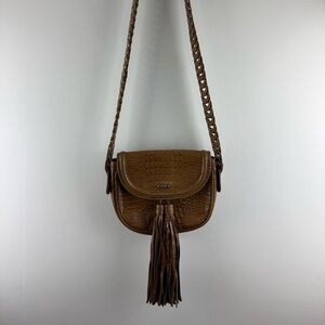 IODICE Brazilian Leather Crossbody Bag Croc Embossed Boho Tassel Brown